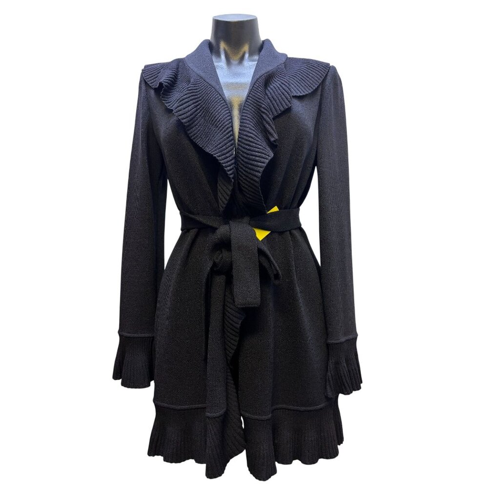 St. John Collection Black Ruffle Trim Knit Cardigan Sweater With Belt